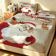3pcs Christmas Themed Bedding Set (1 Fitted Sheet + 2 Pillowcases, No Fillings), Santa Claus, Reindeer, Mattress Protector, Bedroom Printed Bed Cover, Machine Washable, Multiple Sizes, Suitable For Guest Room, Home, Holiday Atmosphere Decoration - Multicolor01 - View 7