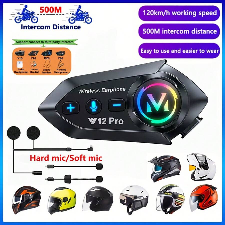 Y12 Pro 機車頭盔無線耳機 500m 對講版，配備雙核藍牙晶片、RGB 燈效、IP56 防塵防水，支援跨品牌對講，內建 1000mAh 電池，戶外騎行設備首選