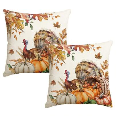2 piezas Fundas de cojín de Acción de Gracias con pavo, 18 X 18 pulgadas Cornucopia, calabaza y hojas de cosecha, decoración de cojín festivo para sofá, impresión de un solo lado, 100% poliéster (No incluye relleno)