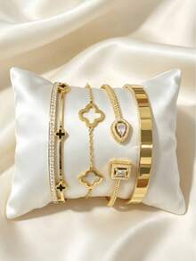 4PCS/1PC Clover Multi-Layer Stackable Bracelet Set, Women's Daily Party Jewelry, Non-Fading Stainless Steel Bangle - Gold - View 5