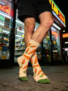 1 Pair Men's Cream Base With Orange Carrot All-Over Print Mid-Calf Socks, Fun Pastoral Style, Suitable For Spring/Autumn/Daily Wear/Campus Style - Multicolor - View 4