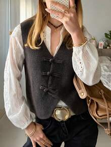 Women's Dark Brown V-Neck Knit Vest, Asymmetric Wrap Bow Button Sleeveless Sweater Waistcoat, Casual Layering Top For Fall Winter - Brown - View 4