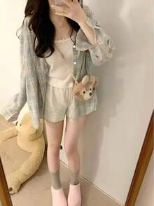 Áo sơ mi nữ tay dài cài cúc cổ bẻ họa tiết kẻ caro, chất liệu polyester, phong cách thường ngày cho mùa xuân/thu - Xanh nhạt - Xem 7