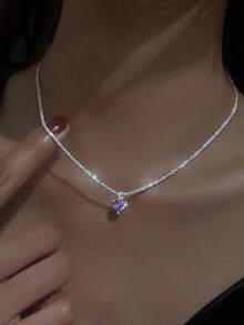 Light Luxury Sparkling Clavicle Chain, Shimmering Purple Heart-Shaped Zirconia Necklace - Silver - View 1