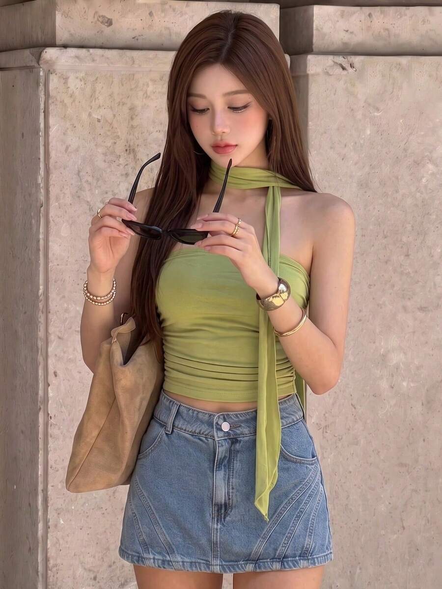 Top Dazzle Chic Women's Green Backless Cropped Tube Top, Sleeveless Knit Tank Top, Suitable For Spring And Summer - Green - View 1