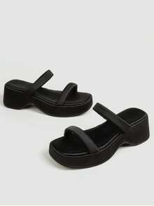 Women's Black Satin Double Strap Thick Sole Wedge Sandals, Square Toe Open Toe Slip-On Summer Casual Slides - Black - View 5