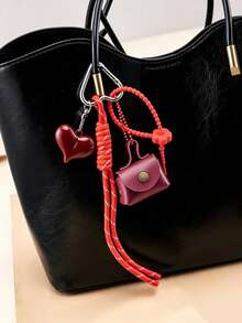 Mini Leather Earbud Case Bag Charm Keychain, Heart Carabiner Braided Striped Tassel Strap, Vintage Small Coin Purse Bags Accessory Gift For Women - Multicolor - View 2