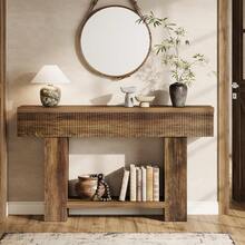 LITTLE TREE 140cm Farmhouse Console Table, 2‑Tier Storage Sofa Table Behind Couch, Rustic Wood Entryway Table For Hallway, Living Room - Brown - View 6