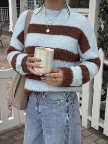 Women Fall Winter Sweater New Style -Basic Tops - CasualFashion Versatile -Colorful StripedContrast CollarLoose Long SleeveKnit Top - Going Out Tops - Multicolor - View 5