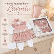 Saida de Maternidade Lavínia Com Caixa Para Bebê Menina 05 peças Roupas de Bebê - Nude - Visão 3
