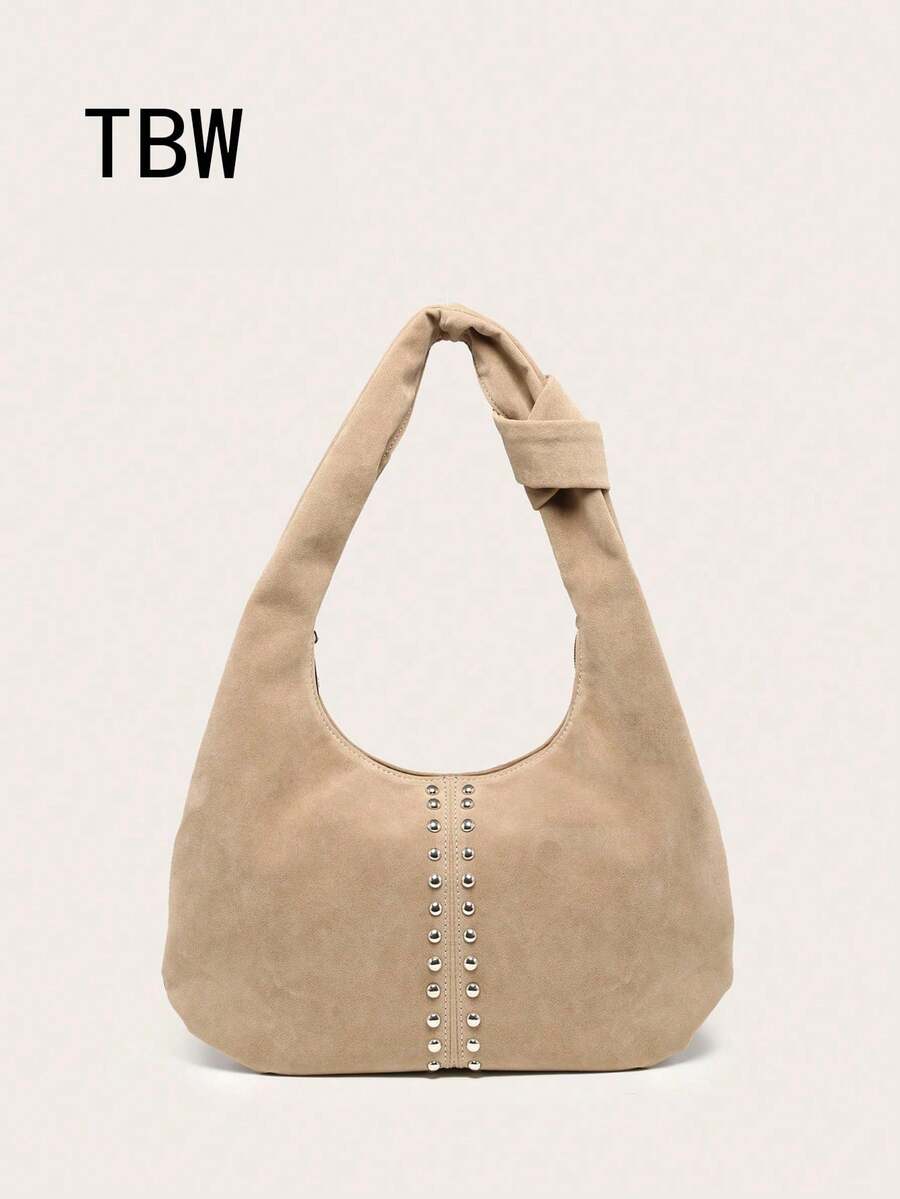 Bolso de hombro con forma de media luna para mujer, material de PU, gran capacidad, decoración con remaches, estilo vintage, adecuado para ir al trabajo y salir - Caqui - Ver 1
