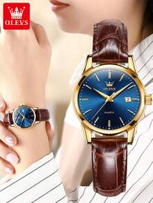 OLEVS Elegant Ladies Quartz Watch, Gold Round Date Dial, Retro Brown Leather Strap Minimalist Wristwatch For Daily & Holiday Gift - one-size - View 8