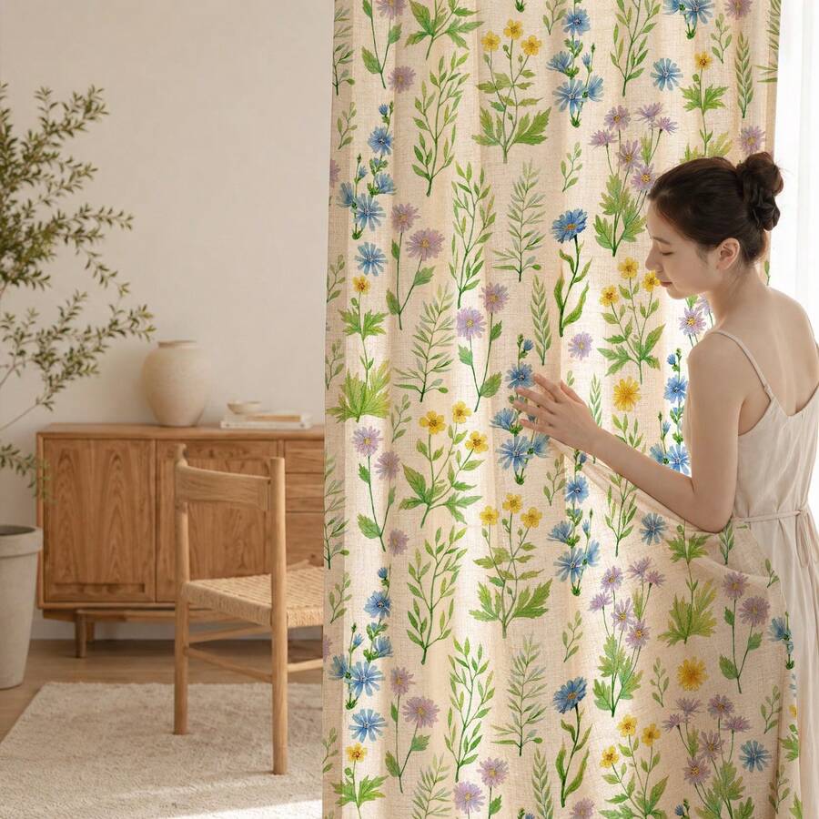 NOSBEI 2PCS Curtain Panels / 3PCS Kitchen Curtain Set, Bird & Leaf Digital Print Faux Linen Light Filtering Window Curtains, Botanical Branch Nature Inspired Farmhouse Curtains, Valance & Tier Set For Kitchen, Living Room, Bedroom & Dining Room - Multicolor - View 1