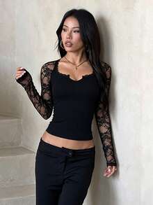 Stylish Black Sweetheart Neck Lace Sleeve Top For Women, Semi-Sheer Knitted Fabric For A Bodycon Look - Black - View 3