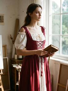 歐式復古中世紀女款收腰綁帶大裙擺長洋裝，露肩細肩帶拼接分層蛋糕裙，適合秋季 - 酒紅色 - 查看 5