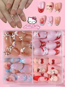 Sanrio Hello Kitty 96片裝（4款混色/盒）短橢圓形紅白色法式指尖穿戴甲，附可愛3D Hello Kitty、豹紋、波點、蝴蝶結、花朵、海豚與愛心裝飾，水晶貓眼設計，完美貼合壓克力假指甲套組 - 彩色 - 查看 2