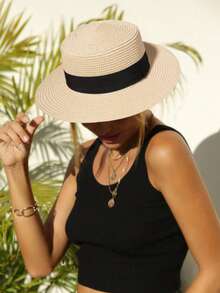 Flat-Top Flat-Brim Beige Straw Hat With Black Ribbon, One Piece - Beige + Black Ribbon - View 2