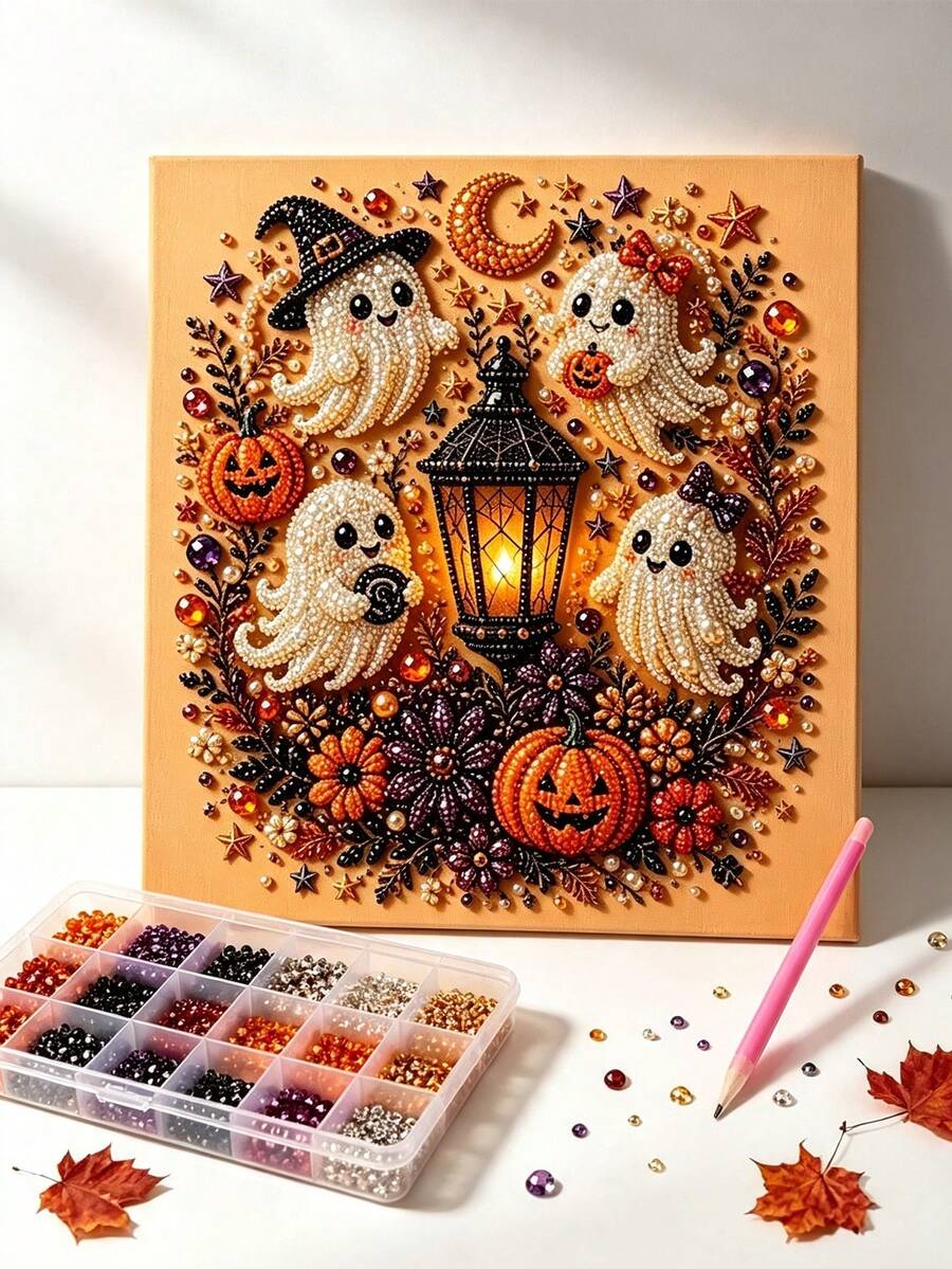 1Pc Halloween Pearl Painting Kit - Creative Ghost-Themed Craft, Frameless, Ideal For Adult Hobbyists, Home Decor, And Holiday Gifts