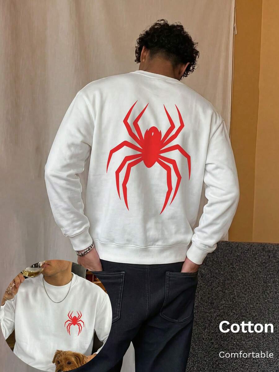 Autumn Men's Thin T-Shirt T-Shirt, Red Spider Print On Front And Back, Long Sleeve, Y2K Style - White - View 1
