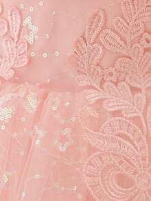 Baby Girls Round Neck 3D Embroidered Shiny Sequin Mesh Cute Flower Girl Dress Suitable For Party And Ball, Headband Not Included - Pink - View 8