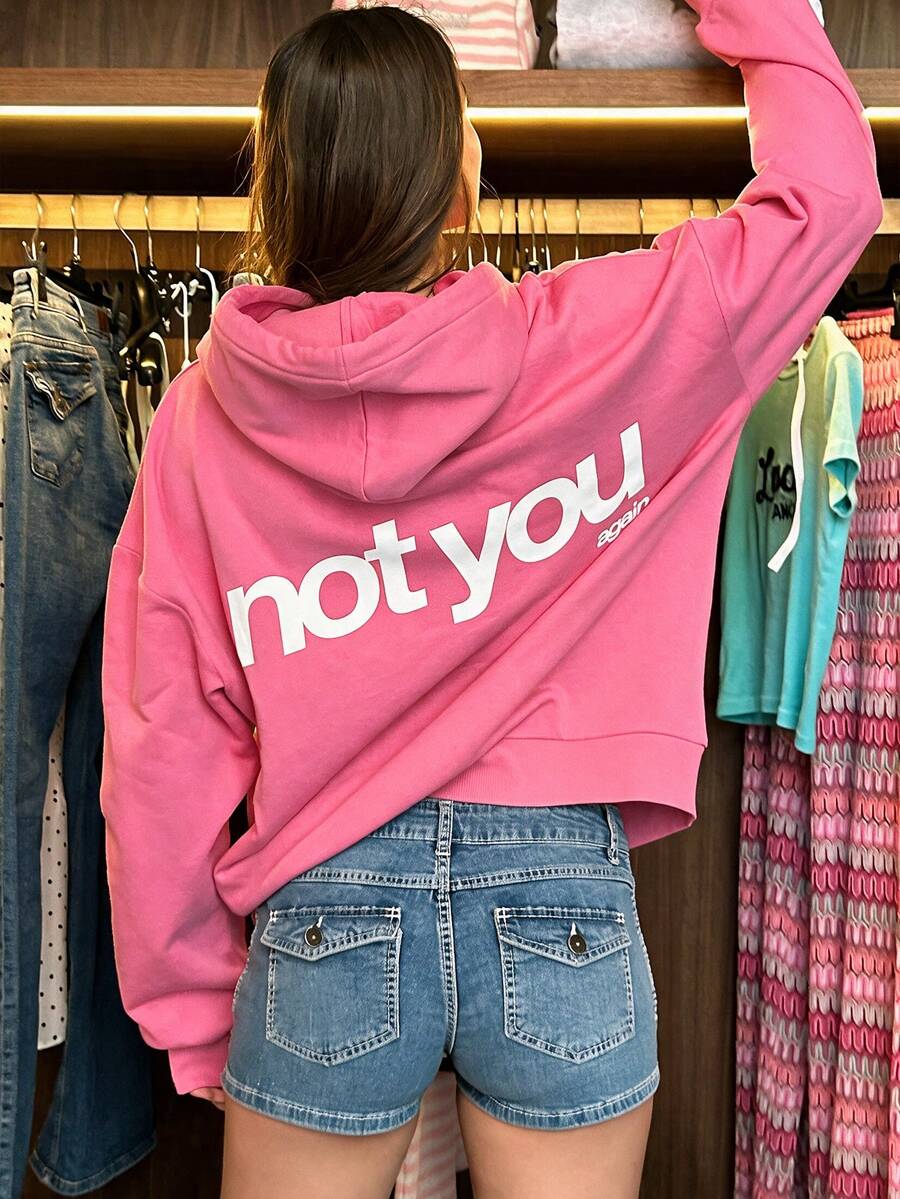 「Not You」字母藝術標語圖案女款秋季返校休閒運動衫,長袖口袋微落肩設計 - 粉色 - 查看 1
