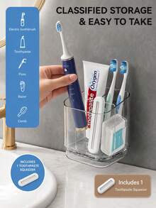 1pc Transparent Toothbrush Holder, Divided Wall-Mounted Storage Rack, Multi-Functional Bathroom Storage Accessory, Creative Drill-Free Bathroom Organizer, For Storing Toothbrush Tools, Combs And Razors, Home Bathroom Decor - Clear - View 14