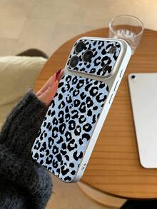 Cool Light Blue Background Black Leopard Print Electroplated Silver Large Window Phone Case Leather Texture Raised Camera Full Coverage Anti-Drop Hard Shell Compatible With Apple 11/12/13/14/15/16/17/18 Retro Hot Girl Style Personalized Protective Cover - Silver - View 5