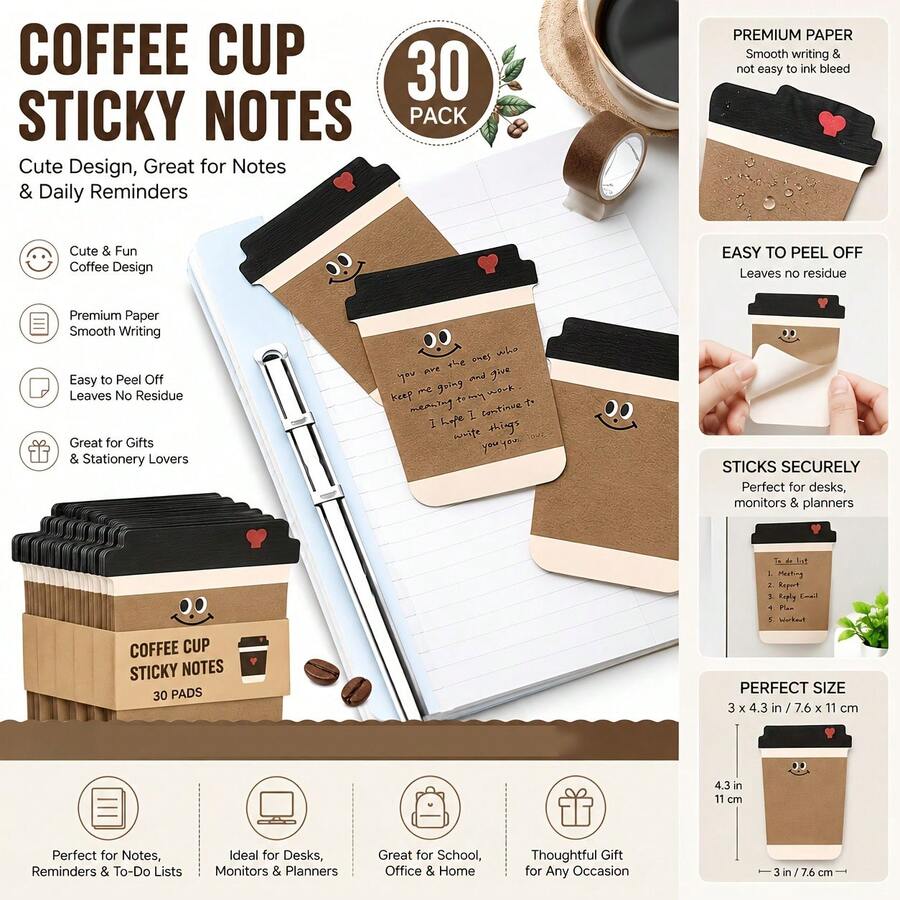 30 Sheets Cute Coffee Pattern Sticky Notes, Minimalist Memo Pads For Daily Reminders, School And Office Supplies - one-size - View 1