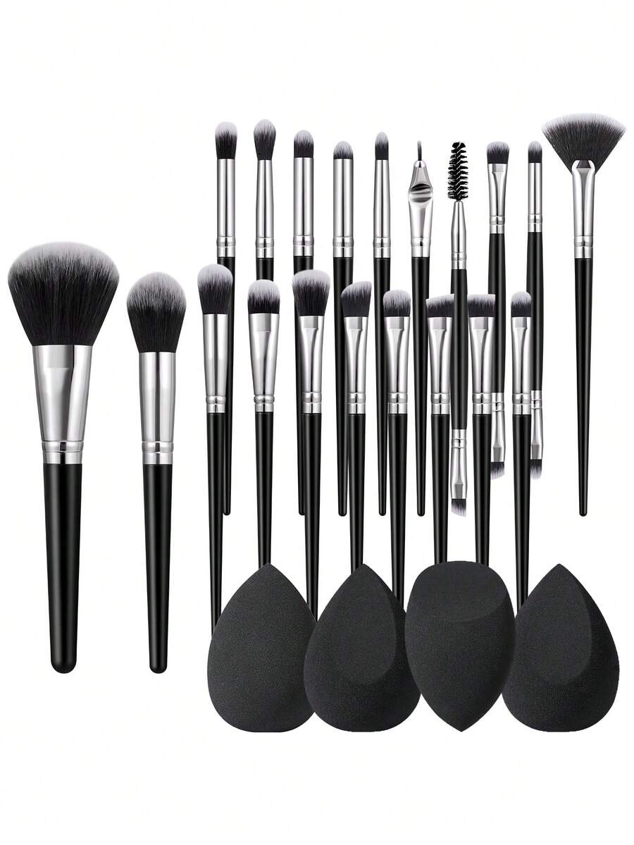 Set Alat Rias Lengkap 24 Buah Warna Hitam Perak, 20 Buah Kuas Rias Profesional & Spons Rias Berbagai Ukuran - MultiWarna - View 1