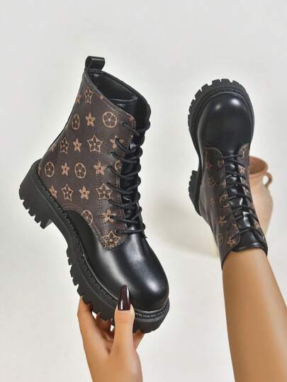 Women's Star Pattern Patchwork Embroidered Lace-Up Boots, Thick Sole Anti-Slip Ankle Combat Boots, Suitable For Autumn/Winter
