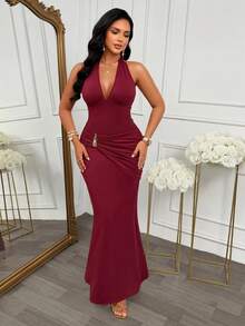AIJ Fall Women's Long Dress, Legant Bodycon Fit With Ruched Bust,Slit In Stretchy Fabric For Formal Night Out Wedding Guest Party Dress Elegant Red - Red - View 9