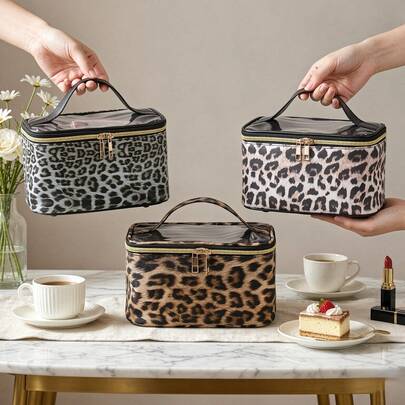 1pc Three-Color Leopard Print Transparent Top Cover Handheld Makeup Bag, Metal Double Zipper Large Capacity Storage Bag, Women's Commute Business Trip Home Toiletries Bag