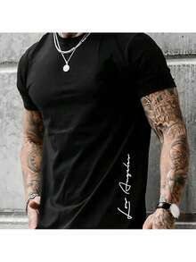 Men'S Creative Cursive Letter Pattern Print Shoulder T-Shirt - Black - View 1