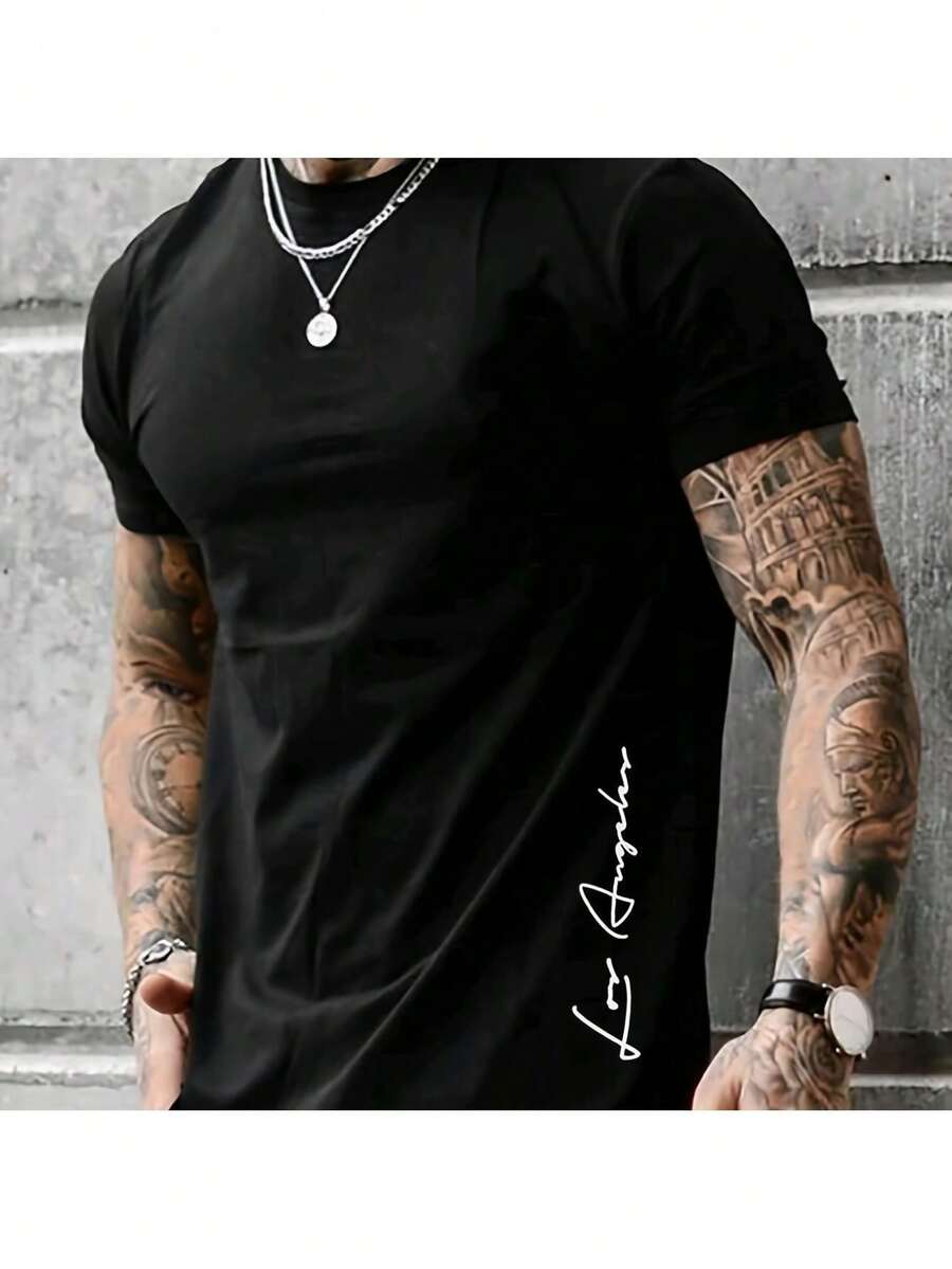Men'S Creative Cursive Letter Pattern Print Shoulder T-Shirt - Black - View 1