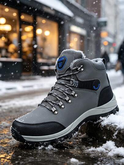 Men's Winter Warm Wear-Resistant Climbing Sports Shoes, Outdoor Black Lace-Up Comfortable Casual Boots