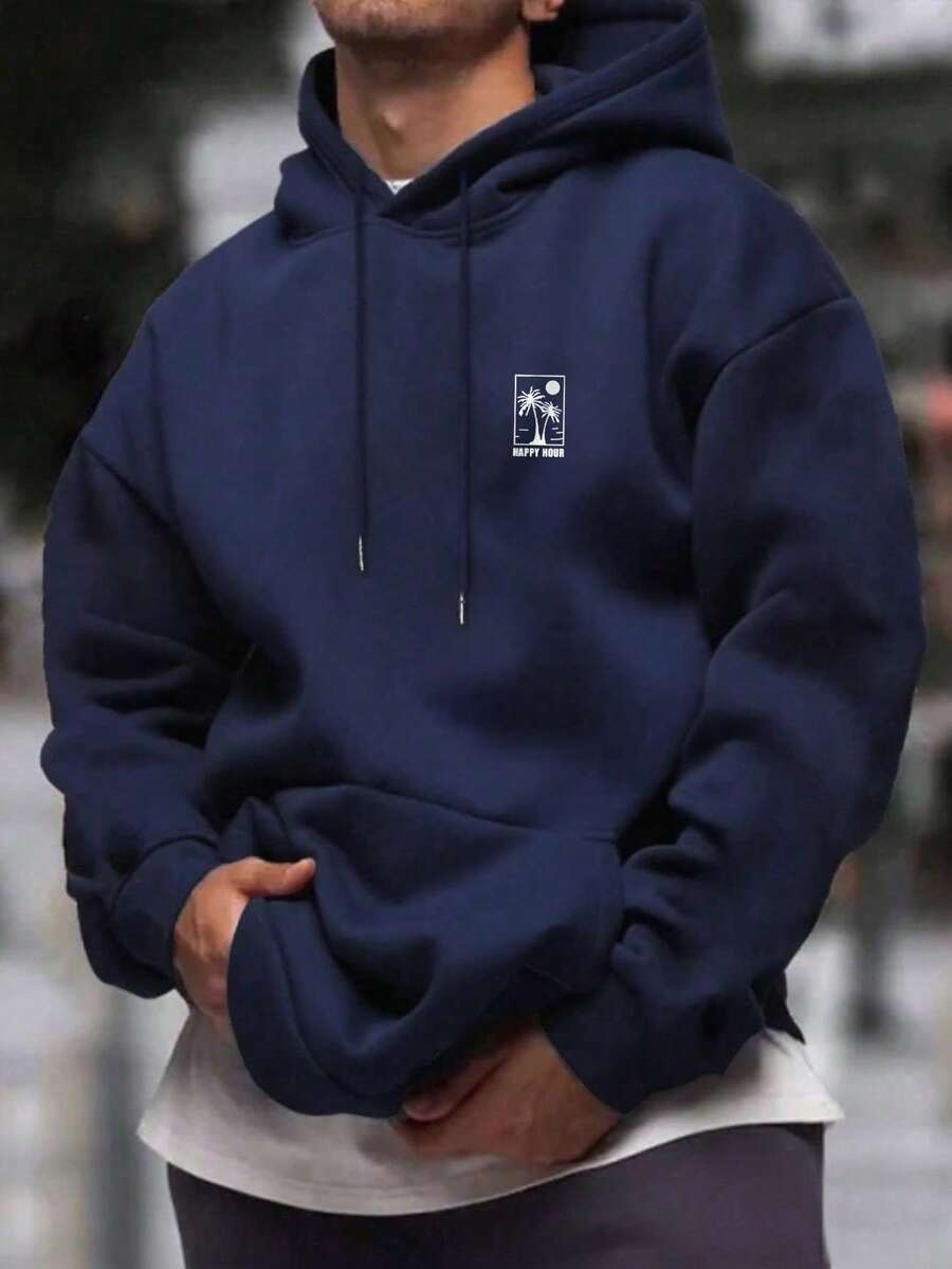 男士秋冬休閒百搭極簡字母與棕櫚樹印花舒適袋鼠口袋抽繩連帽抓絨衛衣 - 藏蓝色 - 查看 1