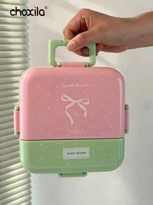 choxila 1pc Cute Bow Print Double Layer Lunch Box, Sweet Dream Color Block Leak-Proof Bento Box, Suitable For Students, Office, Picnic - View 6