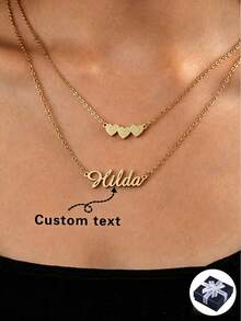 1pc Personalized Minimalist Stainless Steel Double Layer Triple Heart Necklace For Women, Suitable For Traveling, Dating, Holidays, Daily Wear - Gold-frosted - View 1