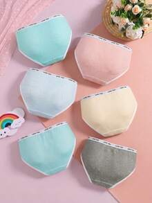 6pcs Girls' Multi-Color Rib-Knit Panties Set, Comfy Letter Tape Waistband Underwear, Breathable Textured Briefs For Little Girls, Tween Girl' Daily Basics - Multicolor - View 2