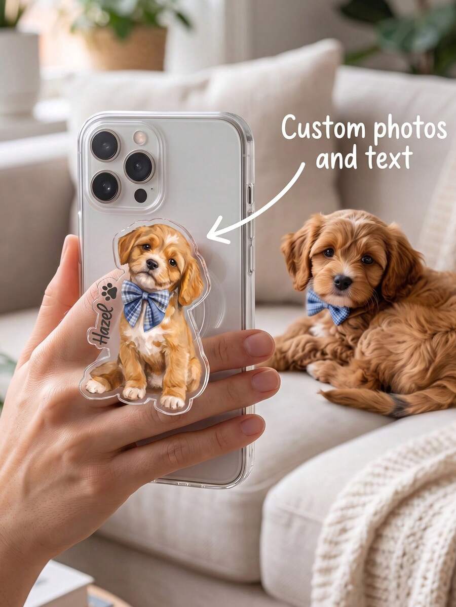 1pc Personalized Dog Or Cat Cute Design Phone Grip Holder, Custom Photo And Text Phone Grip, Funny Pet Grip, Unique Gift For Pet Lover - Multicolor - View 1