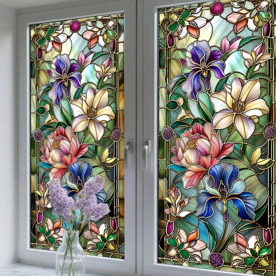 1/2pcs Reusable Retro-Style Floral Privacy Film, Double-Sided Visible PVC Electrostatic Adsorption Glass Film, Suitable For Bathroom, Bedroom, And Living Room Home Decor. - Multicolor - View 1