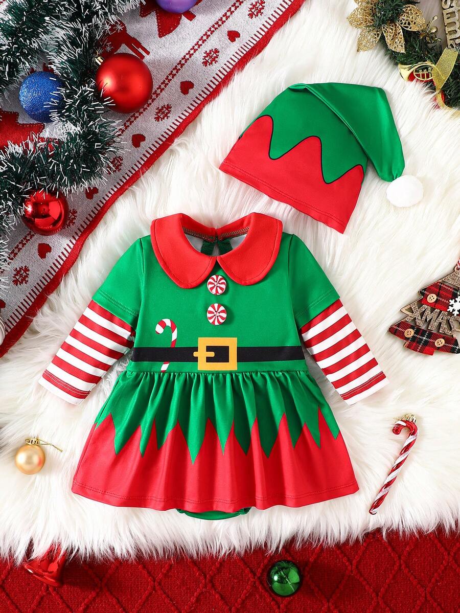 Christmas Baby Girl Spring/Autumn Cute Cartoon Candy Cane Print Long Sleeve Dress + Hat 2pcs Set - Green - View 1