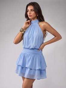 Elegant Fashionable Blue Halter Neck Backless Layered Ruffle Mini Dress - Wedding Party Fall - Baby Blue - View 5