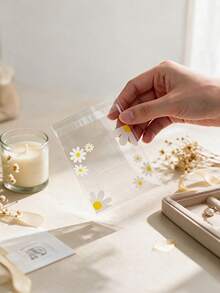 100pcs Transparent OPP Self-Adhesive Packaging Bags With Daisy Floral Print, Resealable Storage Bags For Jewelry, Candy, Handmade Gift Packaging, Small Business DIY Craft Party Favors - View 3