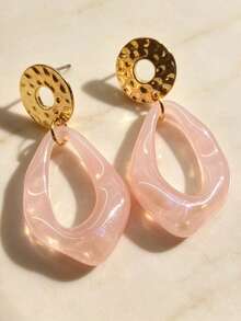 Gold-Tone Hammered Metal Earrings, Transparent Hollow Water Drop Resin Earrings For Women, Blue & Pink Two-Color Vacation Style Long Dangle Earrings - Geometric Earrings - View 5