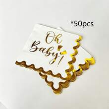 「Oh Baby!」金色箔印拋棄式紙巾，白色帶金邊優雅波浪邊框餐巾紙，適用於嬰兒洗禮、性別揭曉、生日派對 - 白色 - 查看 13