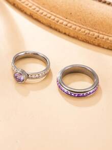 2pcs Stainless Steel Silver Purple Zirconia Ring Set, Fashionable Personalized Rotating Pave Round Purple Zirconia Inlaid White Zirconia Rings For Men And Women Couples, Holiday Gift, Daily Commute Layering Jewelry - Gold - View 4