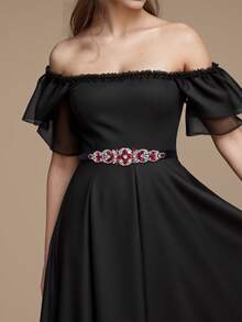 1pc Fashion Burgundy Rhinestone Applique Bridal Belt, Handmade Wedding Accessories, Versatile Evening Gown Decoration, Black Ribbon Halloween - Black - View 8