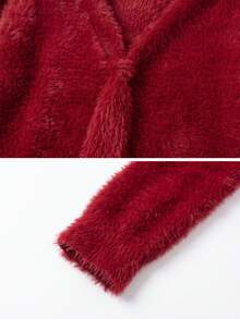 Tie Cutout V Neck Fuzzy Cropped Slim Knit Sweater - Red - View 8