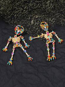 1 Pair Halloween Colorful Rhinestone Skeleton Frame Earrings, Dynamic Swinging Gothic Style Party Atmosphere For Women - Skull Frame  Earrings - View 5